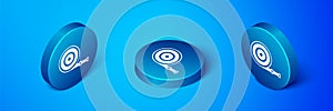 Isometric Fire hose reel icon isolated on blue background. Blue circle button. Vector