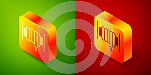 Isometric Fire hose reel icon isolated on green and red background. Square button. Vector