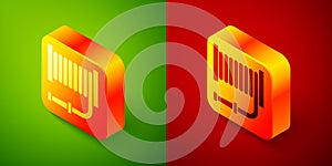 Isometric Fire hose reel icon isolated on green and red background. Square button. Vector