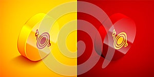 Isometric Fire hose reel icon isolated on orange and red background. Circle button. Vector