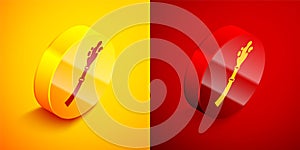 Isometric Fire hose reel icon isolated on orange and red background. Circle button. Vector