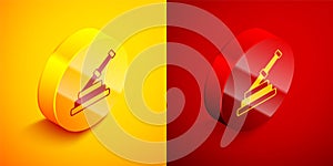 Isometric Fire hose reel icon isolated on orange and red background. Circle button. Vector
