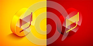 Isometric Fire hose reel icon isolated on orange and red background. Circle button. Vector