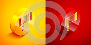 Isometric Fire hose reel icon isolated on orange and red background. Circle button. Vector