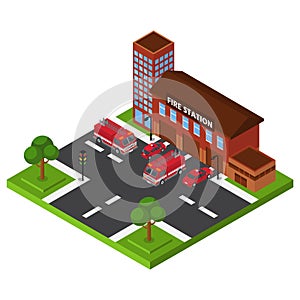 Isometric fire station, emergency department building, red truck rescue service, design, cartoon style vector
