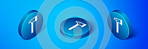 Isometric Firefighter axe icon isolated on blue background. Fire axe. Blue circle button. Vector