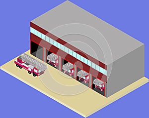 Isometric firehouse and fire truck in vecto