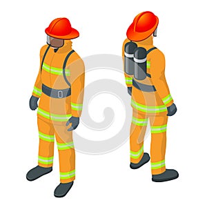 Isometric Fireman vector illustration. Under danger situation all firemen wearing firefighter suit for safety.