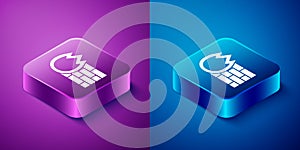 Isometric Firewall, security wall icon isolated on blue and purple background. Square button. Vector