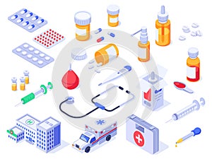 Isometric first aid kit. Health care medical pills, pharmacy medicines and drug bottles. Hospital ambulance 3d isolated