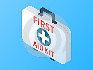 Isometric first aid kit isolated on blue background. Medical examination. Health care design in flat style. First aid kit box with