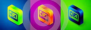 Isometric Fish finder echo sounder icon isolated on blue, purple and green background. Electronic equipment for fishing