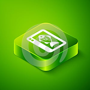Isometric Fish finder echo sounder icon isolated on green background. Electronic equipment for fishing. Green square