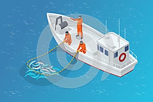 Isometric fishing schooner, fishing boat or ship. Fishermen pulling up a net filled with fish. Sea fishing, ship marine photo