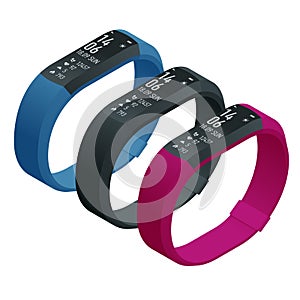 Isometric fitness bracelet or tracker with a smartphone isolated on white. Sports accessories, a wristband with running