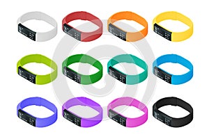 Isometric fitness bracelet or tracker with a smartphone isolated on white. Sports accessories, a wristband with running