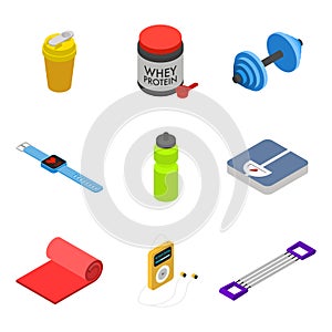 Isometric fitness icon set, movable objects photo