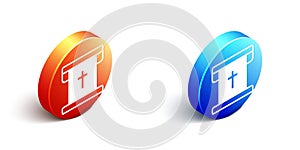 Isometric Flag with christian cross icon isolated on white background. Orange and blue circle button. Vector