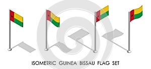 Isometric flag of Guinea Bissau in static position and in motion on flagpole. 3d vector