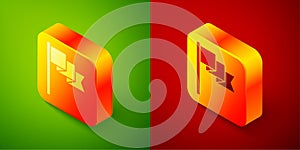 Isometric Flag icon isolated on green and red background. Location marker symbol. Square button. Vector