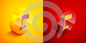 Isometric Flag icon isolated on orange and red background. Location marker symbol. Circle button. Vector
