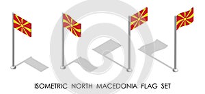 Isometric flag of NORTH MACEDONIA in static position and in motion on flagpole. 3d vector