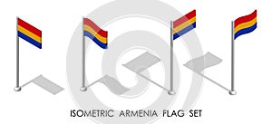 Isometric flag of Republic of ARMENIA in static position and in motion on flagpole. 3d vector