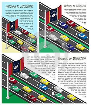 Isometric flag of US state of Mississippi on flagpole fluttering in wind. Crossing of Mississippi border by car travels. Set of