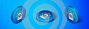 Isometric Flasher siren icon isolated on blue background. Emergency flashing siren. Blue circle button. Vector