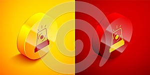 Isometric Flasher siren icon isolated on orange and red background. Emergency flashing siren. Circle button. Vector