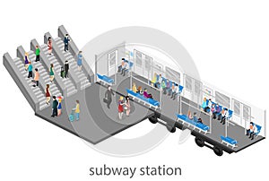 Isometric flat 3D concept interior of metro subway carriage.