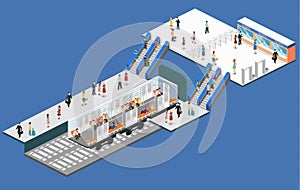 Isometric flat 3D concept metro subway train carriage. underground station