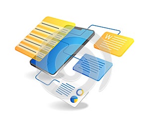 Isometric flat 3d illustration concept of app smartphone network test