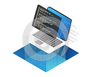 Isometric flat 3d illustration concept of computer code and program language