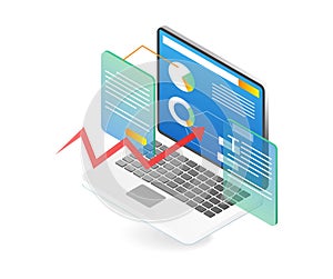 Isometric flat 3d illustration concept of computer data analysis pie chart