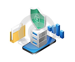 Isometric flat 3d illustration concept of data security analysis software smartphone