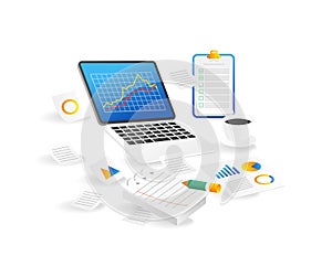 Isometric flat 3d illustration concept of investment business data analytics graph on computer