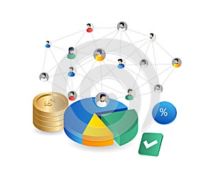 Isometric flat 3d illustration concept money business team network over pie chart