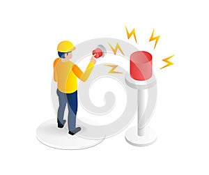 Isometric flat 3d illustration concept of pressing the alarm button for incident warning