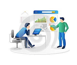 Isometric flat 3d illustration concept of team having discussion about business development analysis