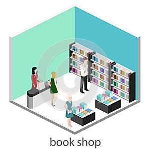 Isometric flat 3D interior of book shop.