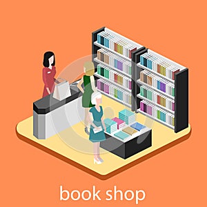 Isometric flat 3D interior of book shop.