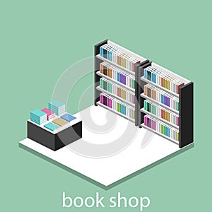 Isometric flat 3D interior of book shop.