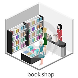 Isometric flat 3D interior of book shop.