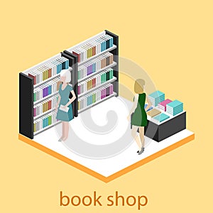 Isometric flat 3D interior of book shop.