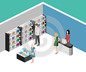 Isometric flat 3D interior of book shop.