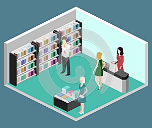 Isometric flat 3D interior of book shop.