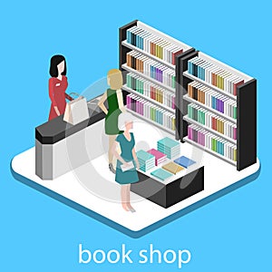 Isometric flat 3D interior of book shop.