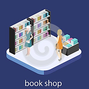 Isometric flat 3D interior of book shop.