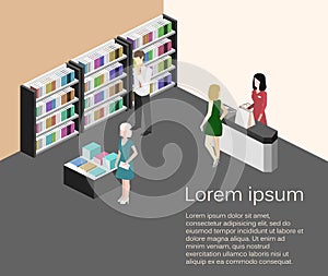 Isometric flat 3D interior of book shop.